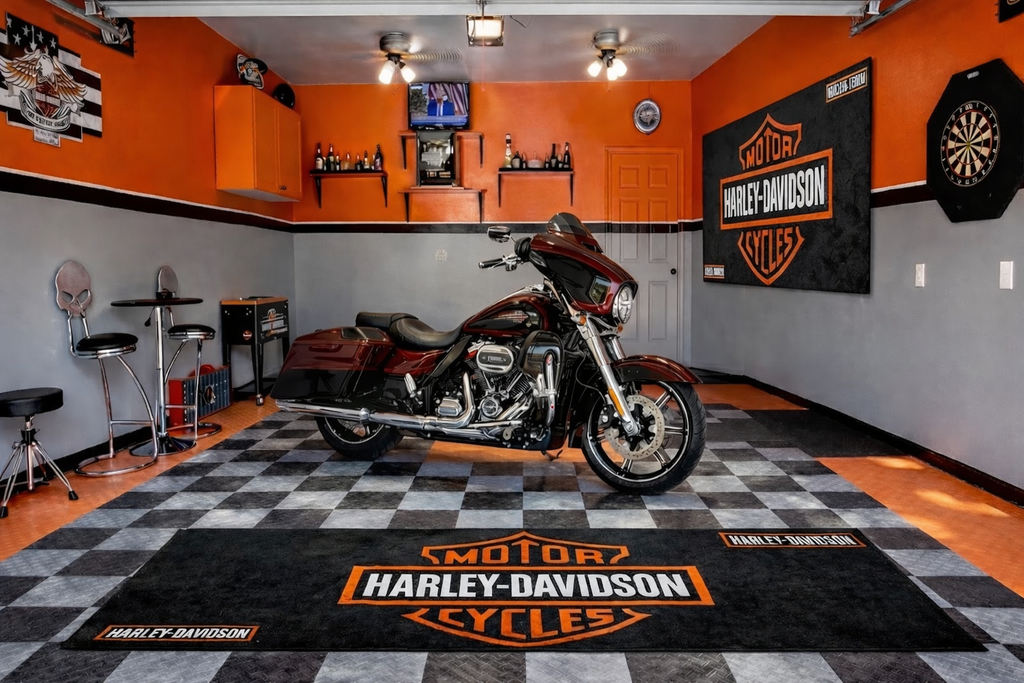 Harley Davidson Premium Garagen-Bodenmatte - 2.5x7 ft (30x87") Luxuriöser rutschfester Motorradteppich & Wanddekoration
