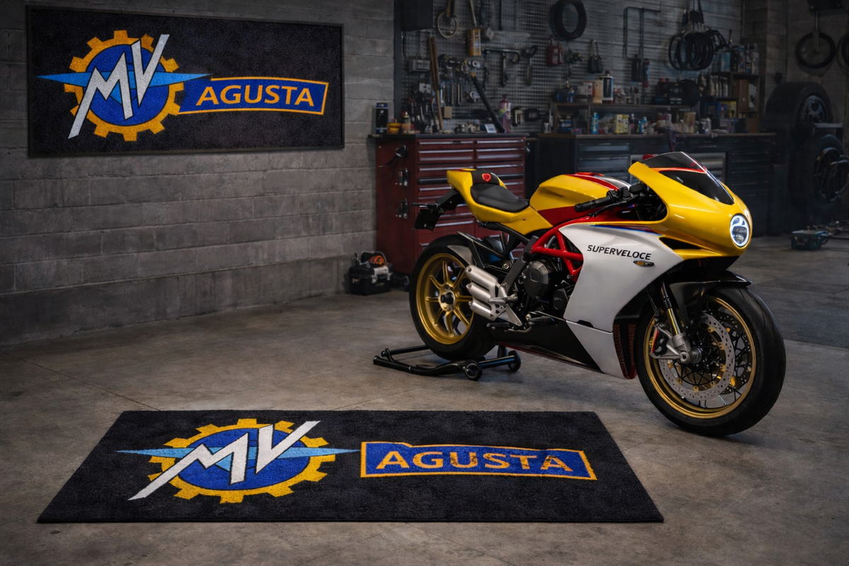 MV Agusta Premium Garagen-Bodenmatte - 2.5x7 ft (30x87") Luxuriöser rutschfester Motorradteppich & Wanddekoration