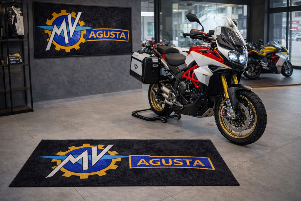 MV Agusta Premium Garagen-Bodenmatte - 2.5x7 ft (30x87") Luxuriöser rutschfester Motorradteppich & Wanddekoration