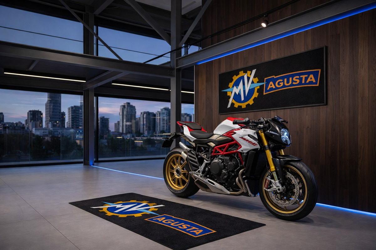 MV Agusta Premium Garagen-Bodenmatte - 2.5x7 ft (30x87") Luxuriöser rutschfester Motorradteppich & Wanddekoration