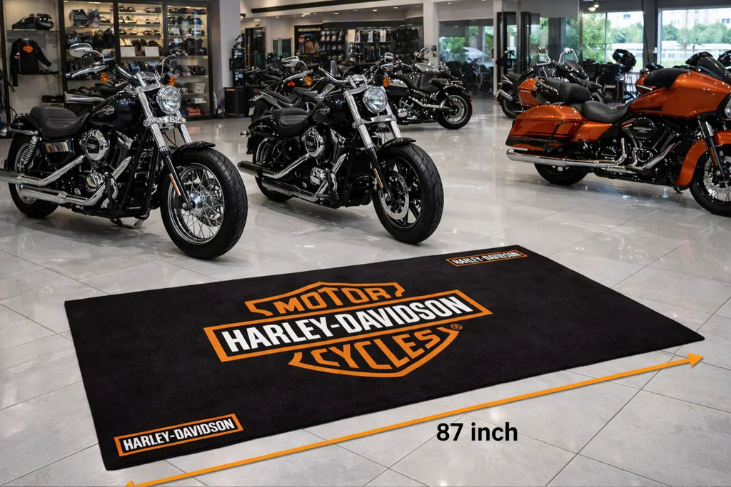 Harley Davidson Premium Garagen-Bodenmatte - 2.5x7 ft (30x87") Luxuriöser rutschfester Motorradteppich & Wanddekoration