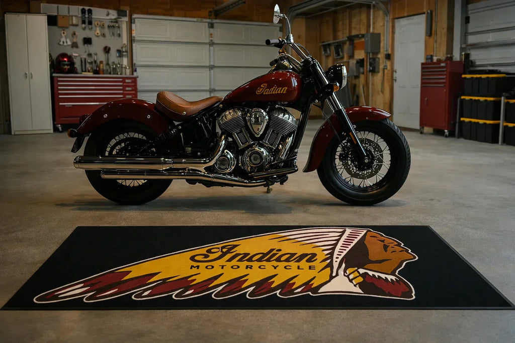 Indian Premium Garagen-Bodenmatte - 2.5x7 ft (30x87") Luxuriöser rutschfester Motorradteppich & Wanddekoration