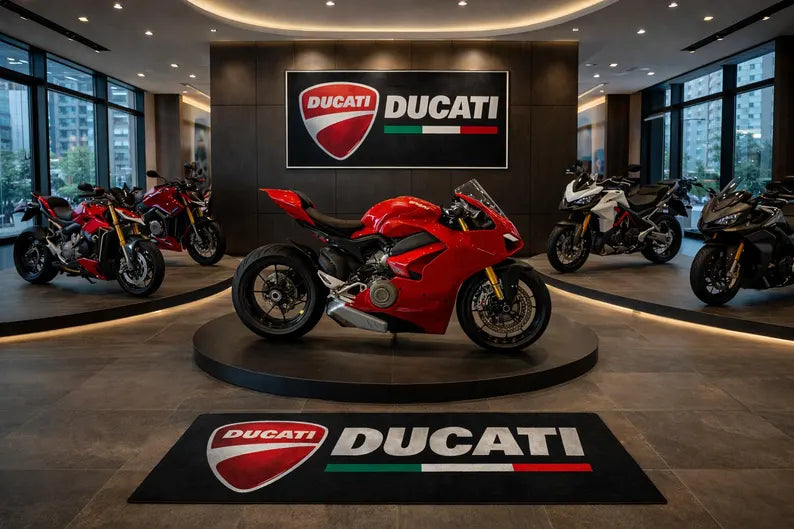 Ducati Premium Garagen-Bodenmatte - 2.5x7 ft (30x87") Luxuriöser rutschfester Motorradteppich & Wanddekoration