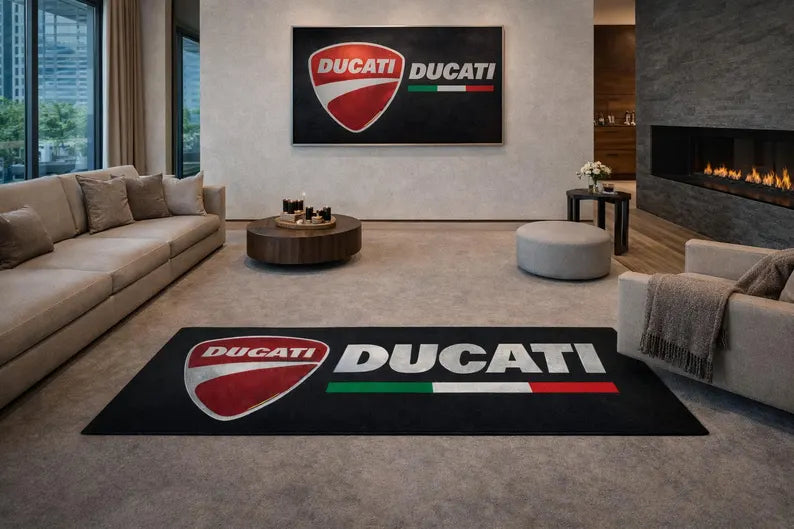 Ducati Premium Garagen-Bodenmatte - 2.5x7 ft (30x87") Luxuriöser rutschfester Motorradteppich & Wanddekoration